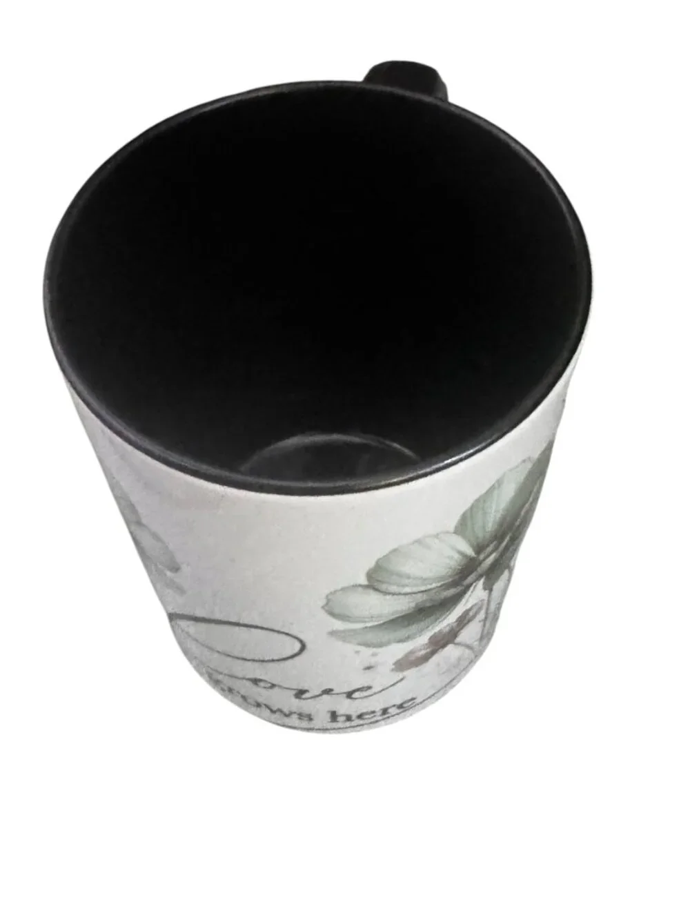 Love Grows Here Floral Ceramic Coffee Mug, Black Interior